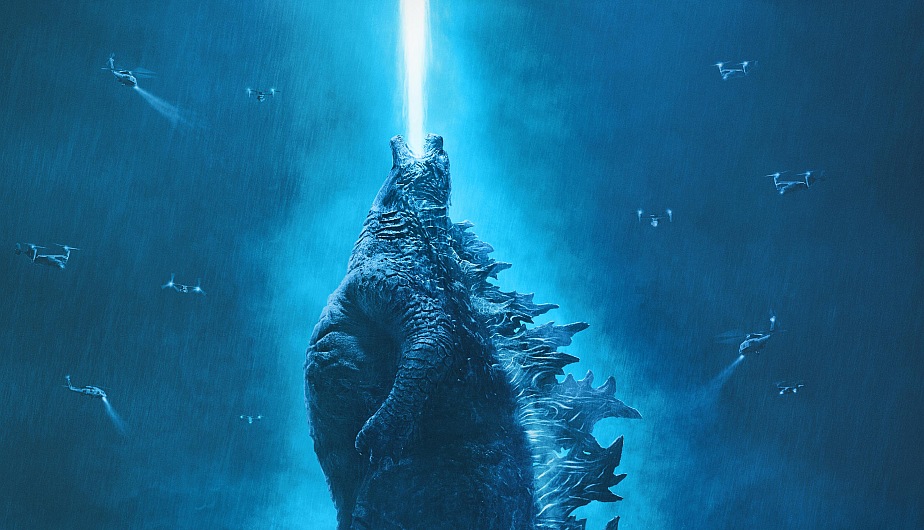 Godzilla lanzando un rayo azul al cielo