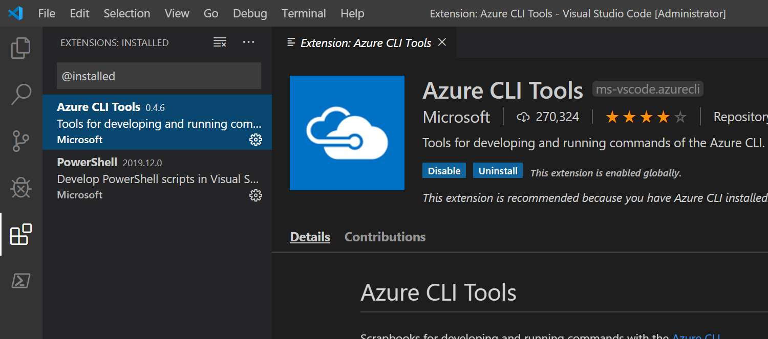 Visual Studio Code con la extensión Azure CLI Tools instalada