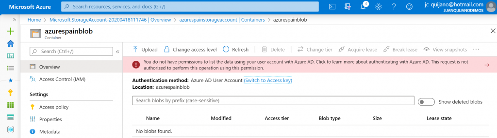 Se muestra el error "You don't have permissiones to list the data using your user account with Azure AD" en el listado de contenido de un Blob.