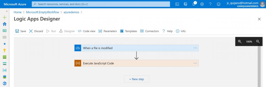 Workflow de Logic App que incluye una action del tipo InlineCode