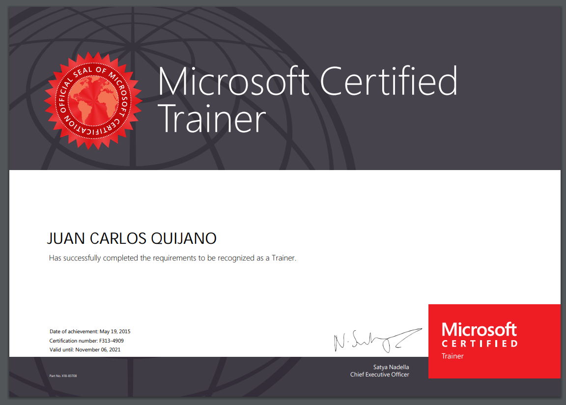 Certificado de Microsoft Certified Trainer renovado hasta noviembre del 2021