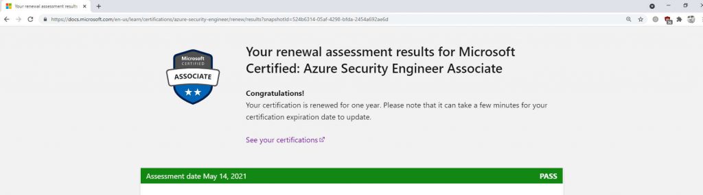 Notificación de que he aprobado el exámen de renovación de la certificación AZ-500 de Seguridad en Azure