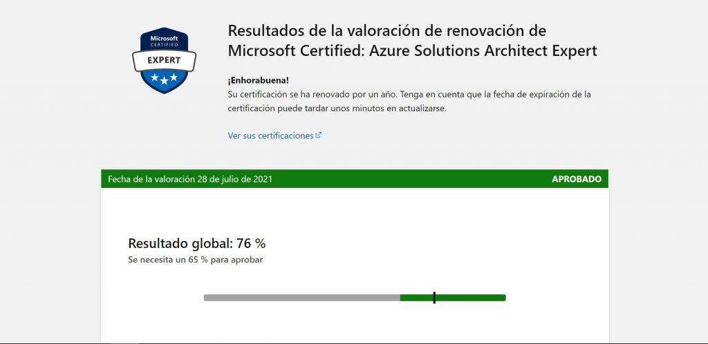 Pantallazo de la notificación de haber aprobado la renovación de la certificación de arquitecto de aplicaciones en Azure