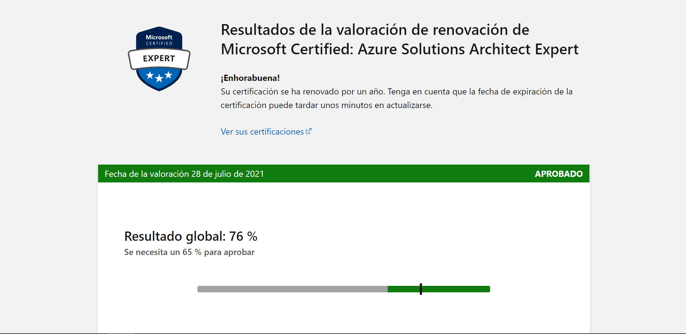 Pantallazo de la notificación de haber aprobado la renovación de la certificación de arquitecto de aplicaciones en Azure