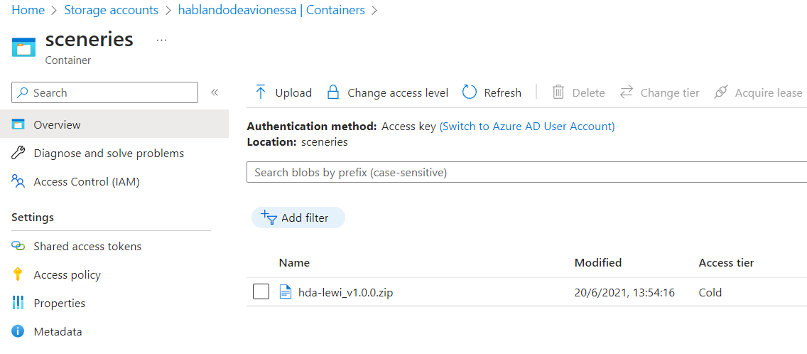 Portal de Azure mostrando un Blob de Block configurado con el nuevo Tier Cold