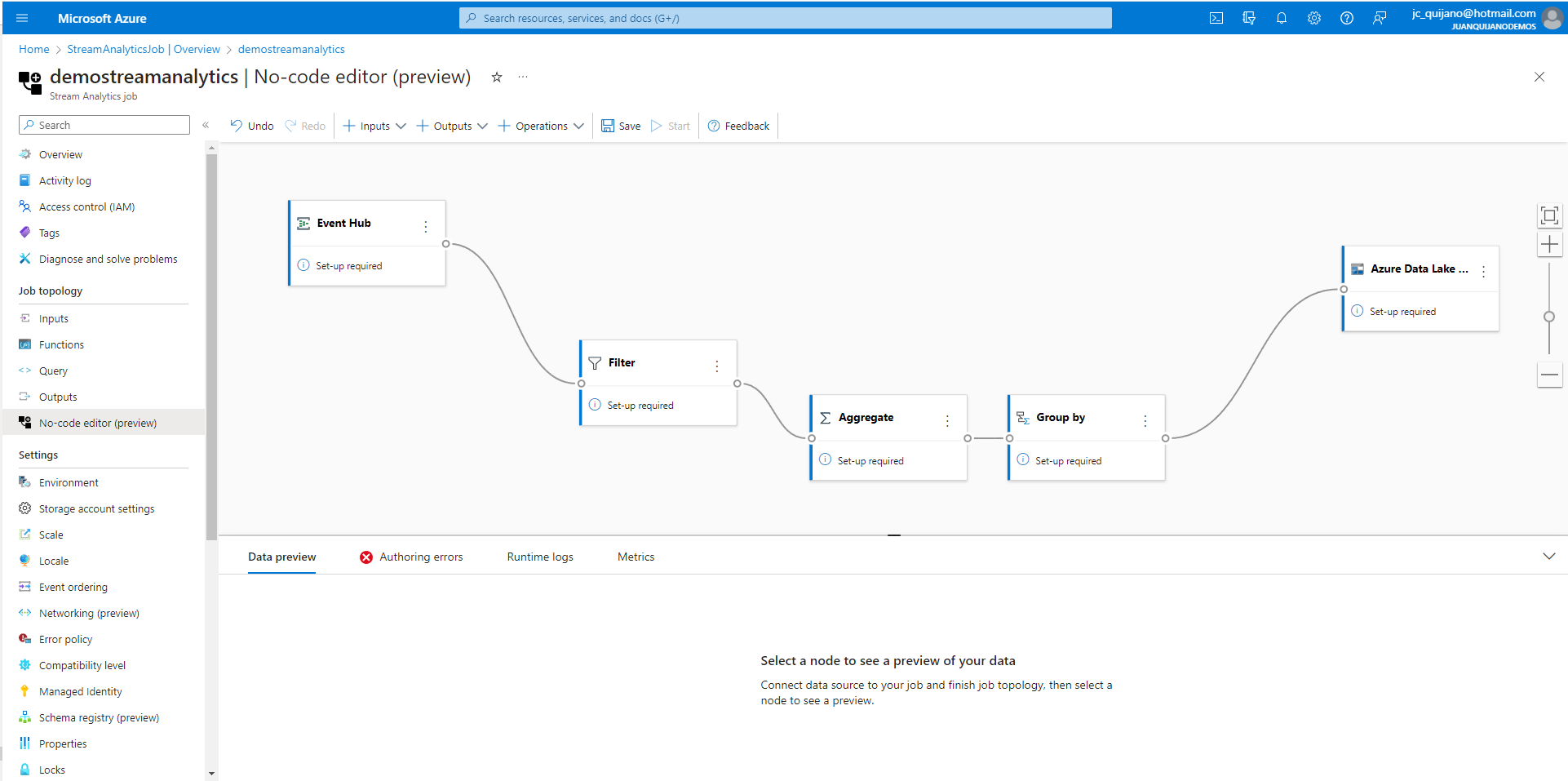 Visualización de un flujo de transformación en Stream Analytics construido con cajitas