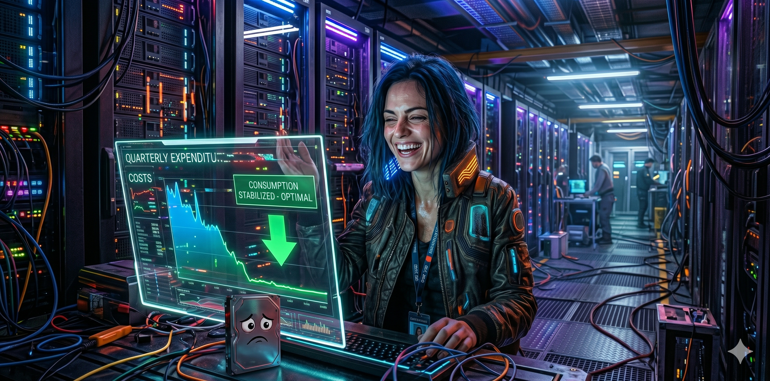 "Tecnico de sistemas, dentro de un cpd, muy sonriente al ver la gráfica de costes bajar. El disco duro se entristece y es de mucho menor tamaño"