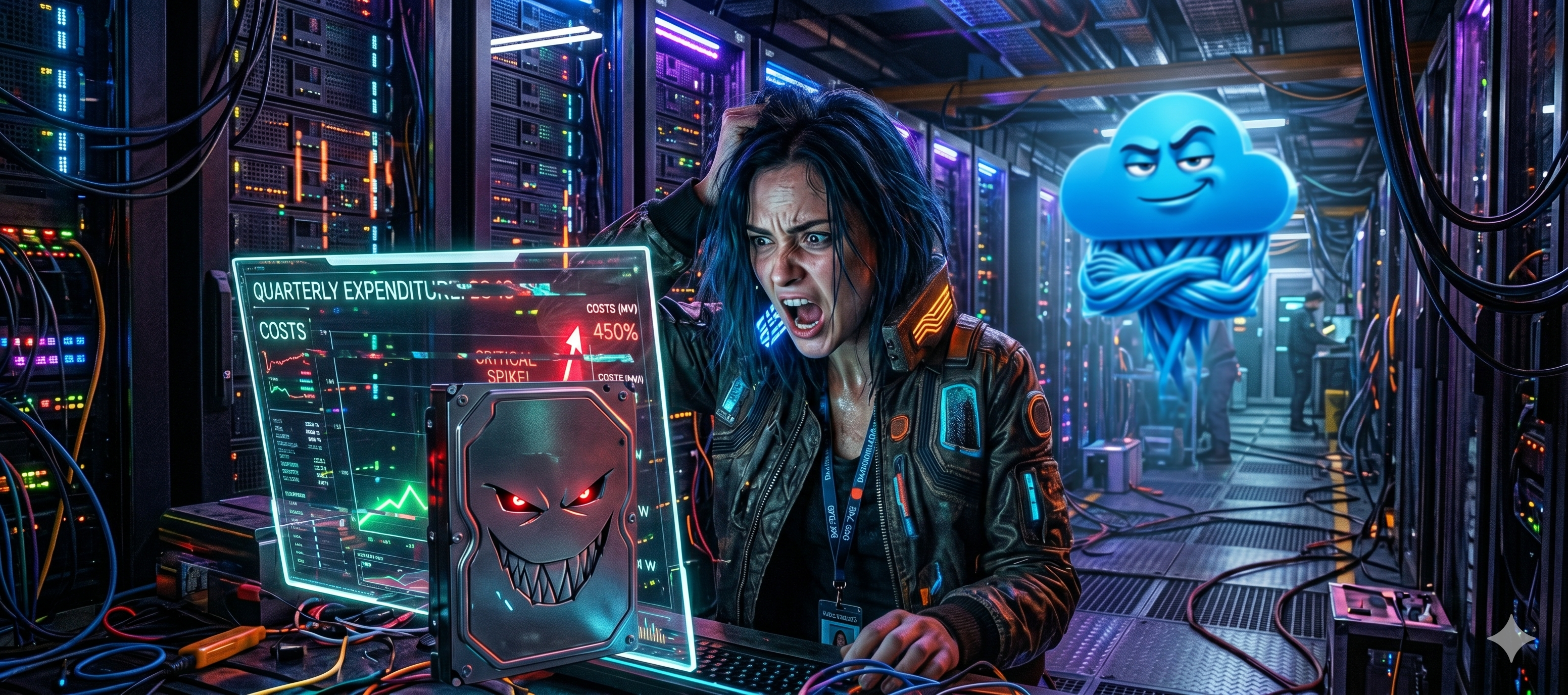 "Tecnico de sistemas, dentro de un cpd, tirandose de los pelos al ver la gráfica de costes. Un disco duro demoniaco se rié, mientras qeu el logo de Azure, al fondo, se muestra satisfecho y orgulloso."